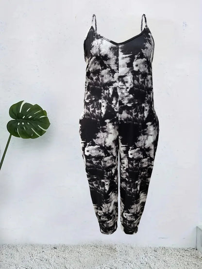 Spring and summer plus size suspender jumpsuit tie-dye print with pockets