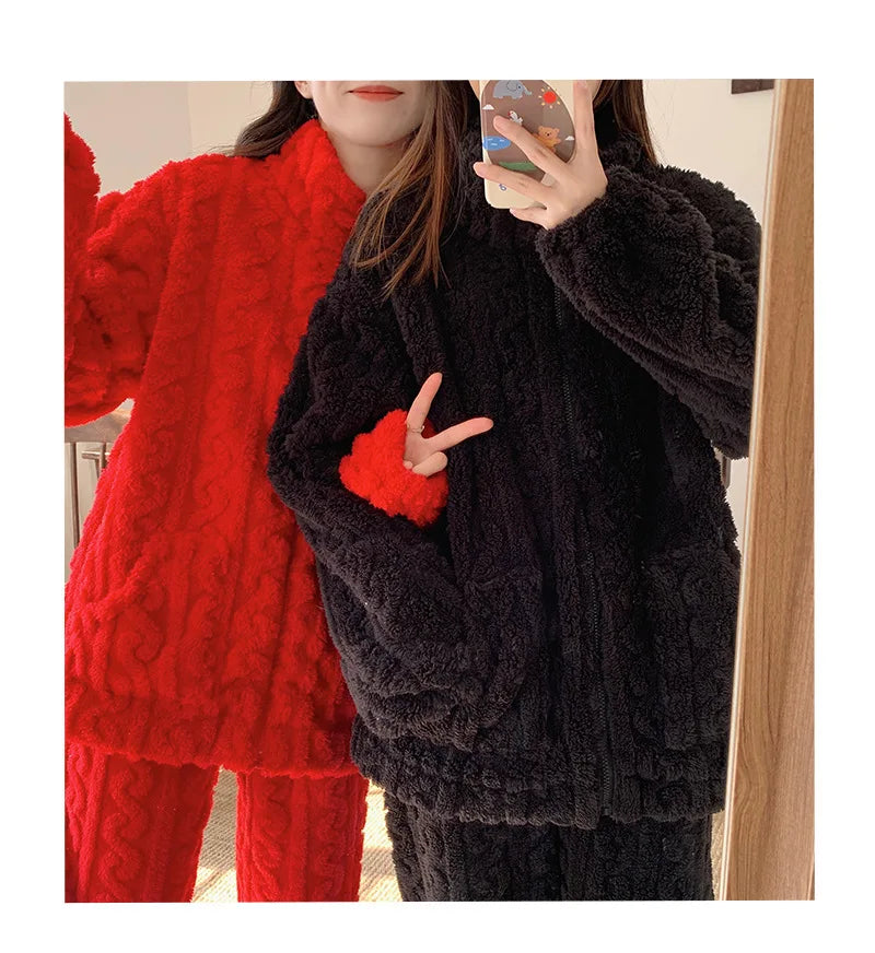 Large Size Flannel Pajamas Set Autumn Winter Female Sleepwear Trouser Suit Thicken Coral Fleece High Collar Lounge Wear Homewear