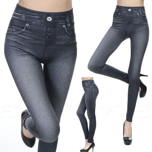 1pcs Women's Denim Print Leggings Females Fashion Slim Leggings Faux Jeans Leggings Lady Stretch Printed Tights Black Blue Pants