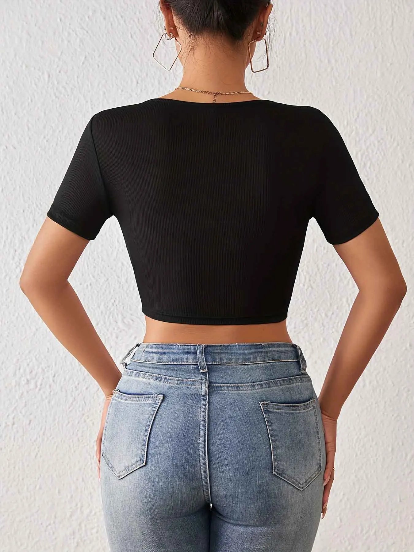 Solid Square Neck Crop T-Shirt Y2K Sexy Short Sleeve T-Shirt For Spring & Summer Women's Clothing
