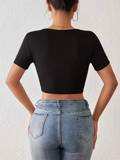 Solid Square Neck Crop T-Shirt Y2K Sexy Short Sleeve T-Shirt For Spring & Summer Women's Clothing
