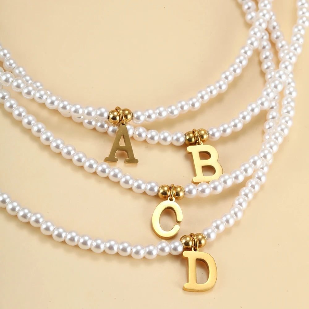 Stainless steel letters initial pendant necklace diy name Simulated pearls Bead Necklaces for Women Pearl Woman's Choker jewelry Badiee Stylez