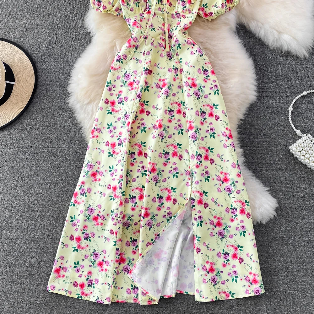 Summer Vintage Dress Blue Floral Summer Bubble Sleeve Tie Up Sexy Dresses Women A-line Print Split Long Dress Elegant Vestidos