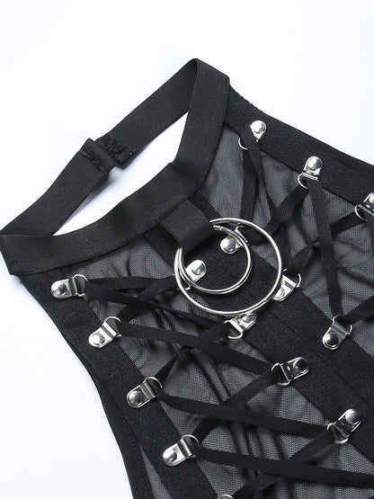 Gothic Punk Ring Halter Top Bodycon Lace Up Crop Bandage Tank Tops Y2k Mesh T Shirt Exotic Vest Sexy Hollow Out Backless Caims
