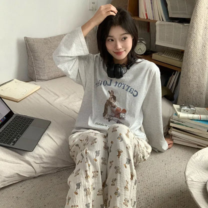 Spring and Autumn New Ladies Ins Style Pajamas Homewear Set Cartoon Girl Long-Sleeved Long Pants Korean Pajamas Homewear Set
