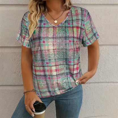 Checkered 3D Pattern Printed Women's V-Neck Short Sleeve Striped Minimally Printed Woman ClothingTop Women's Loose Women's Shirt S56VTX4651