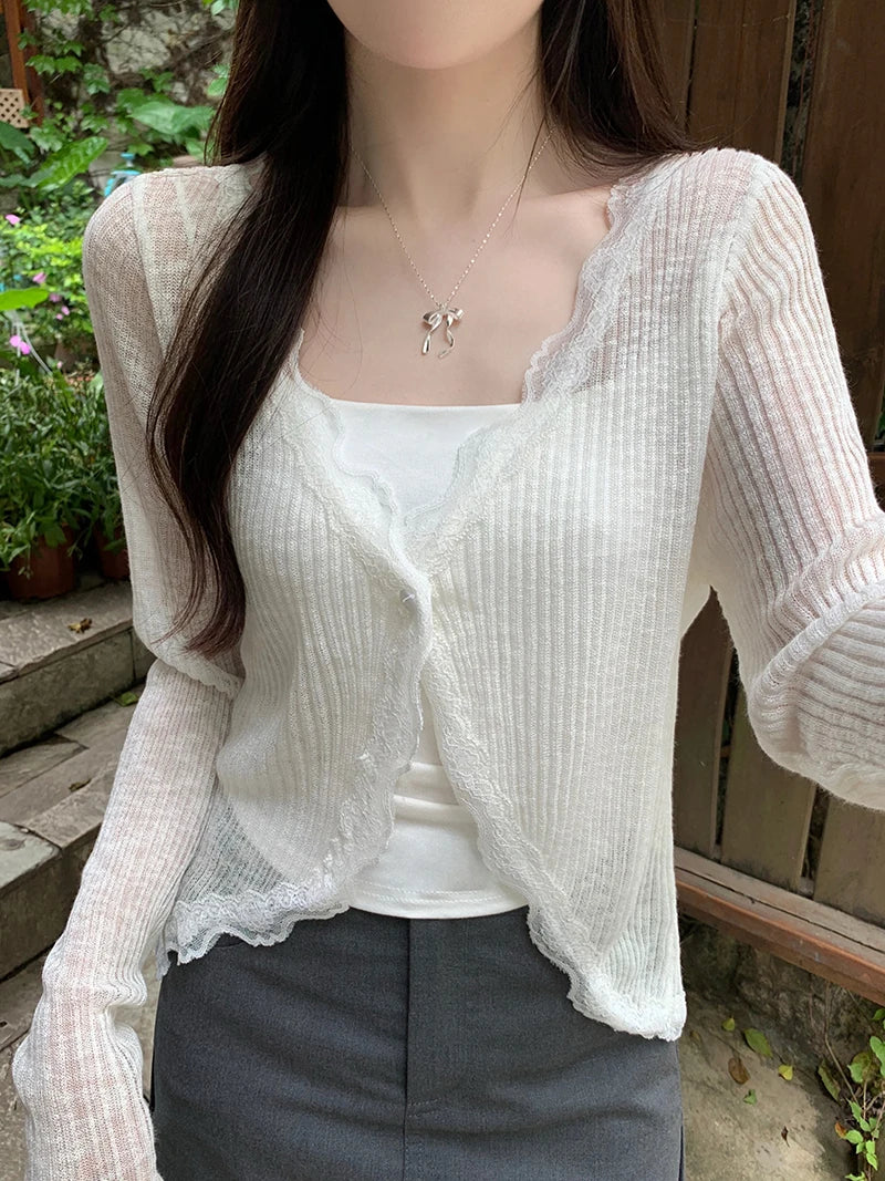 Lace Trim One Button Long Sleeve Crop Top Women Short Sleeve Open Front Ribbed Knit Cardigan Sweater Summer Fairycore Outfit WHITE One Size
