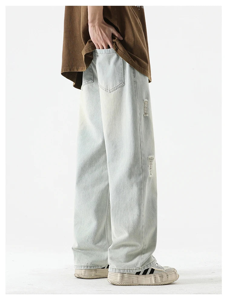 Men's Summer Ripped Jeans Loose Straight Leg Retro Men Draw Rope Port Fashion Brand All-match Casual Pants