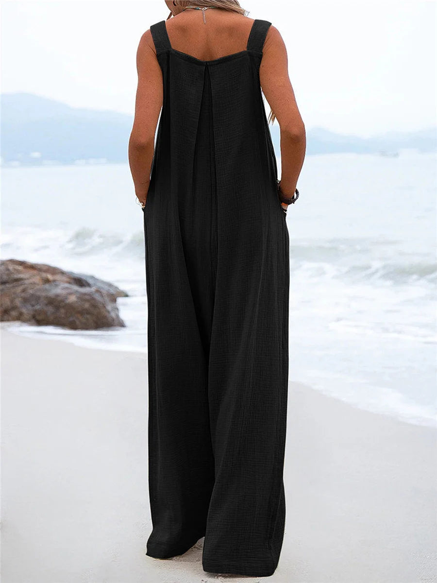Overalls Women Summer Jumpsuit Outfits Plus Size Solid Color Casual Button Wide Leg Suspender Pants Overalls with Pockets