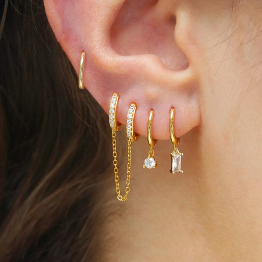 4PCS Exquisite Stainless Steel Long Chain Pendant Earrings Set for Woman Little Huggies Hoop Earrings Cartilage Piercing Jewelry