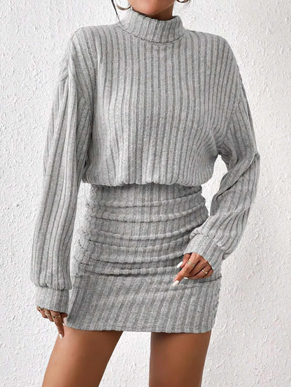 Women's Autumn Winter Fashion High Neck Knitted Sweater Dress Female Casual Solid Loose Long Sleeve Warm Mid Length Dresses Badiee Stylez