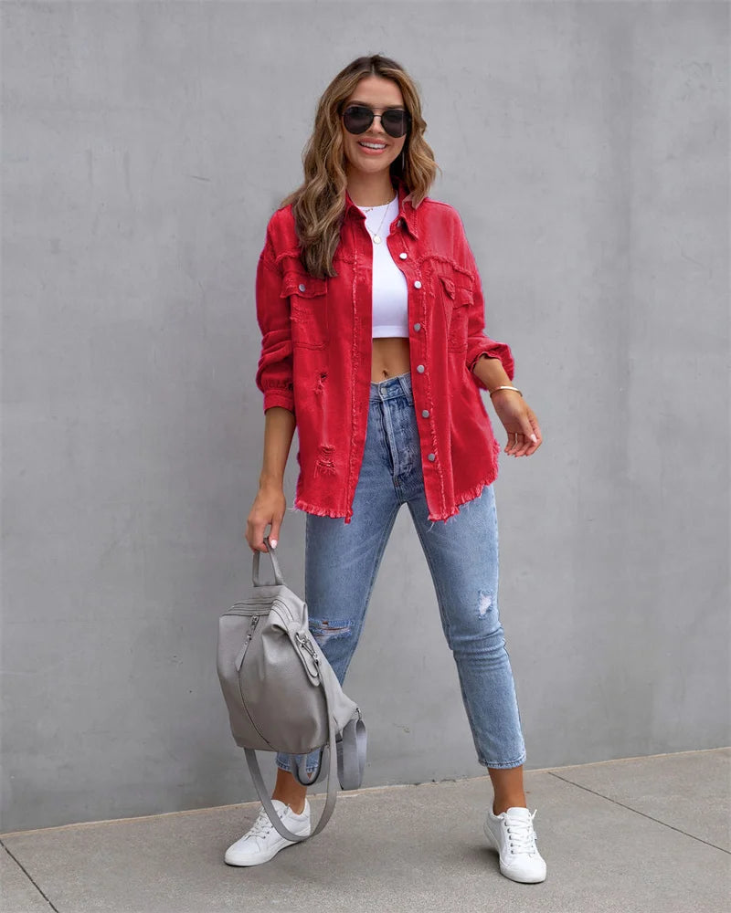 2025 Spring Autumn Shirt Style Denim Jacket Women Holes Raw-edges Jeancoat Casual Tops Female Oversize Loose Outerwear 7 Colors