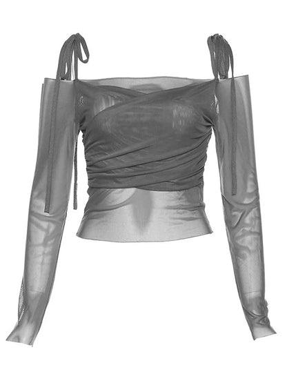 Solid Slash Neck Crop Tops Sexy Off Shoulder Straps Long Sleeve T-Shirts Slim Mesh Tees Y2K Streetwear Women