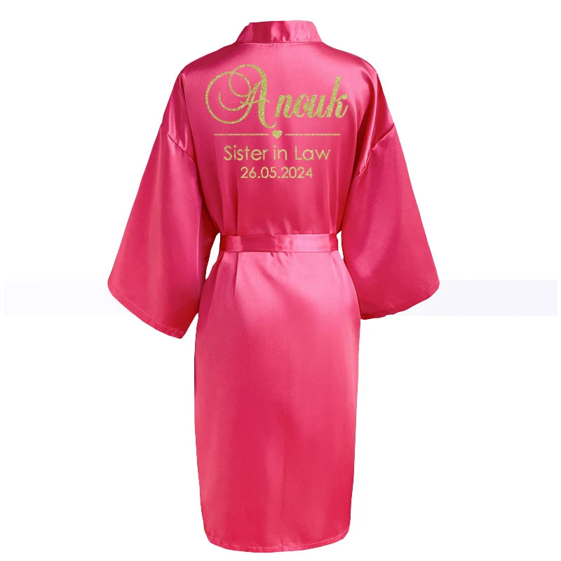 Customized Name Date Wedding Bathrobe Faux Silk Bridal Robe Bride Bridesmaid Wedding Robes Woman Bachelorette Hen Party rose red robe