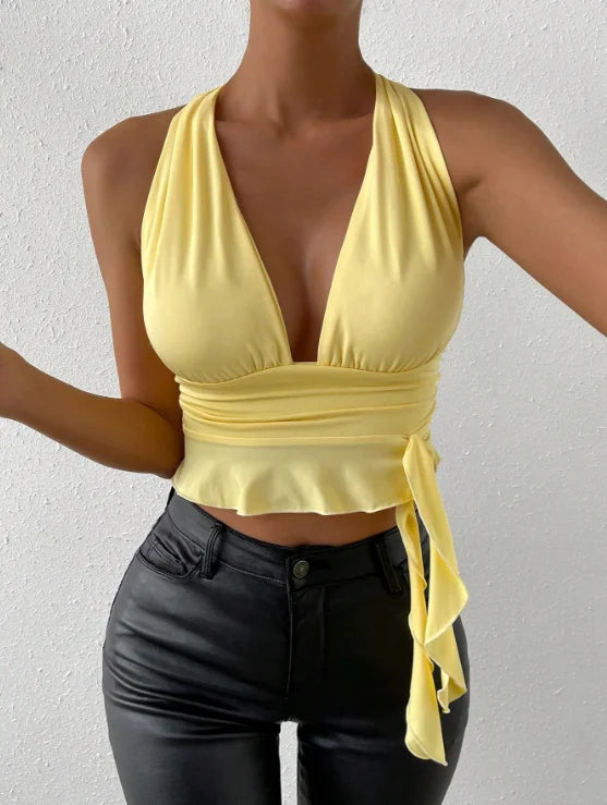 Women's Sexy Tight Fitting Deep V-neck Pleated Top Tight Fitting 2024 Spring Beach Resort Nightclub New Model Women's Sexy Tigh