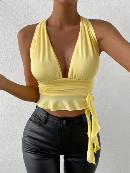 Women's Sexy Tight Fitting Deep V-neck Pleated Top Tight Fitting 2024 Spring Beach Resort Nightclub New Model Women's Sexy Tigh