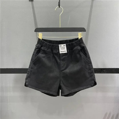 Fashionable Summer 300kg Candy Color Labeled Elastic Waist Casual Shorts Women's Loose Fit A- line Bell Bottoms black