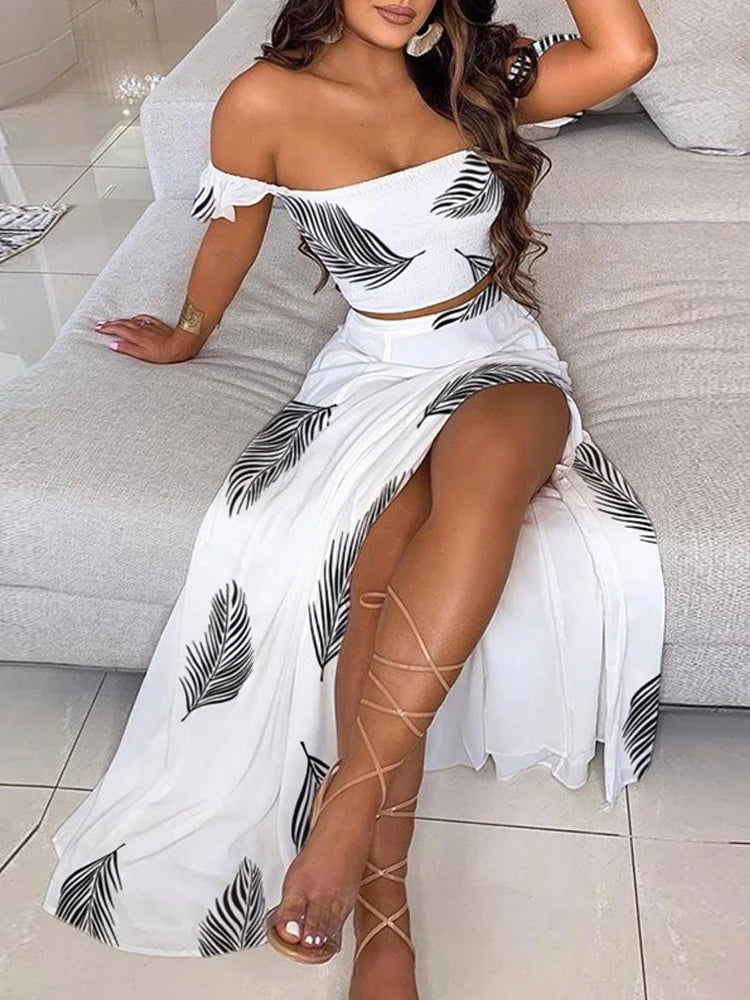Fashionable Bohemian Two-piece Set Women's Off-shoulder Elastic Solid Color Vest With Floral Print High Waist Slit Skirt Set