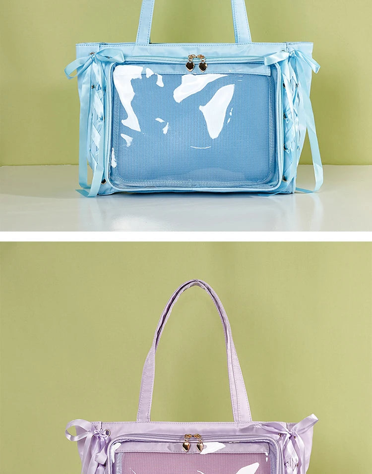 Japanese Large Capacity Satin Ribbon Ita Bag Sweet Girl Anime Transparent Tote Bag Lolita Shoulder Bags Clear Pvc Handbags