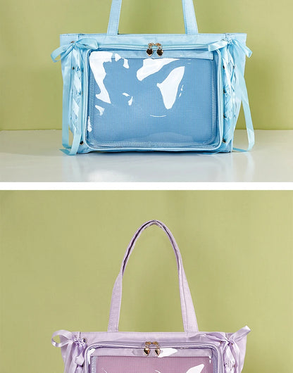 Japanese Large Capacity Satin Ribbon Ita Bag Sweet Girl Anime Transparent Tote Bag Lolita Shoulder Bags Clear Pvc Handbags