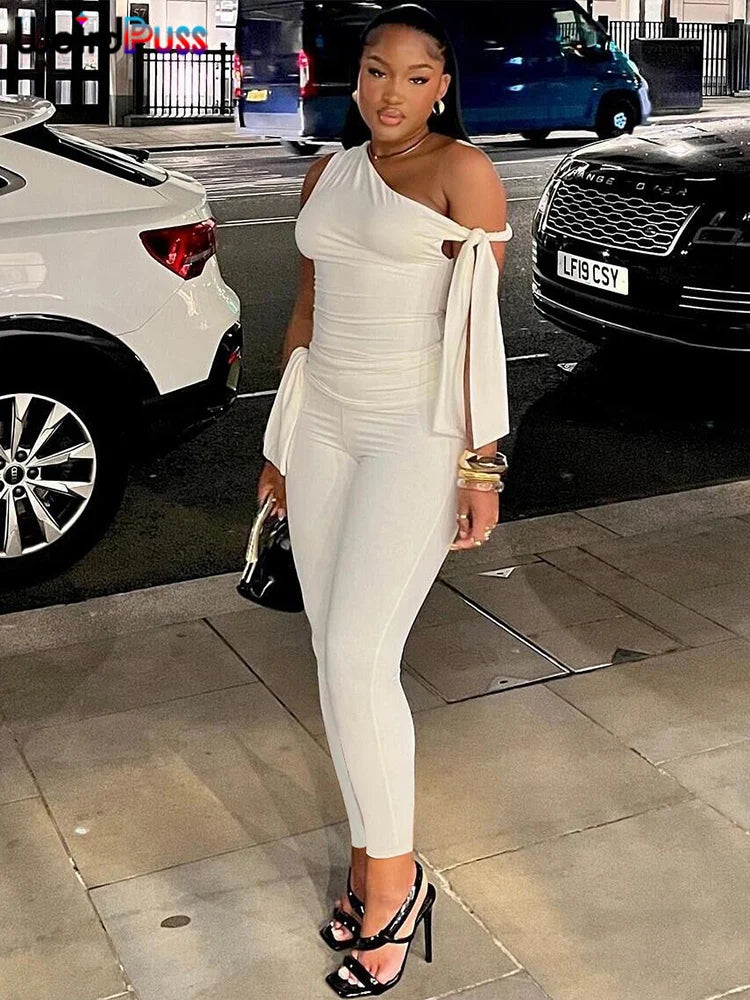 Weird Puss Chic Elegant 2 Piece Set Women Tracksuit Skew Collar Ribbon Tank Tsop+Leggings Casual Skinny Stretch Matching Outfits