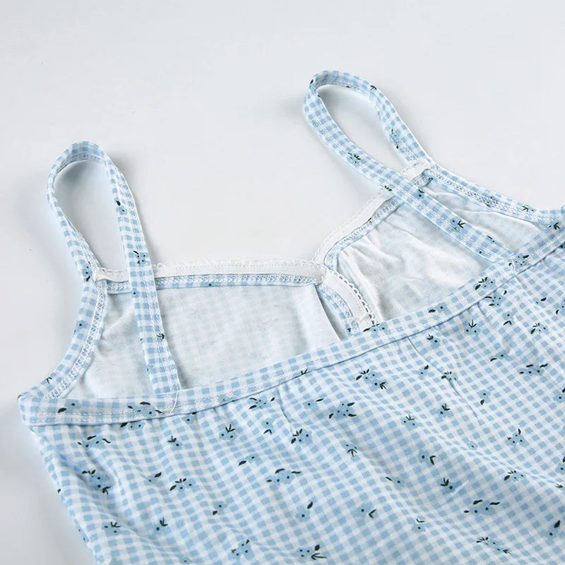 Combhasaki Women Summer Y2K 2Piece Pajamas Loungewear Set Plaid Floral Print Button Camisole Crop Tops +Elastic Low Waist Shorts