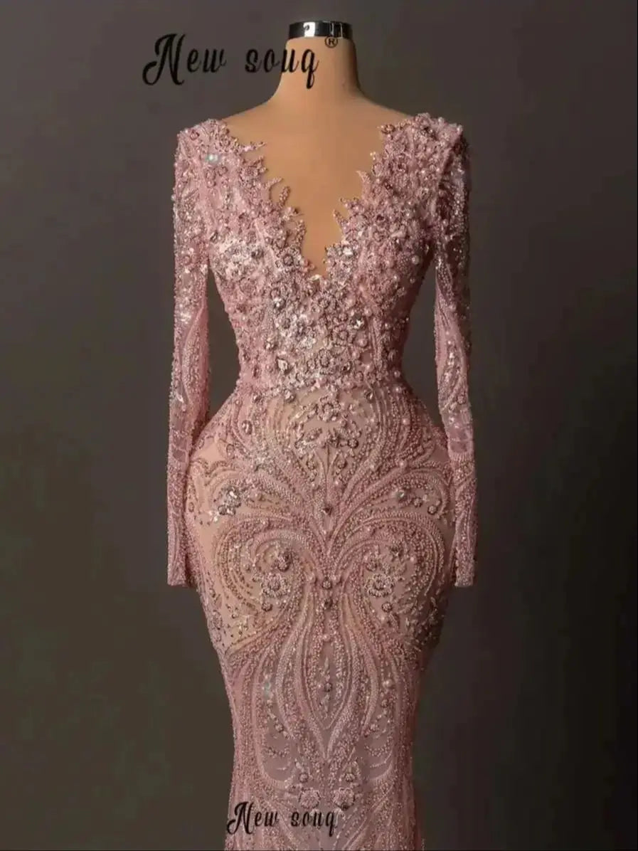 Customized Deep V Neck Dusty Pink Prom Dresses Beaded Lace Long Sleeve Wedding Party Gowns Bridal Wear Wedding Dresses Luxury Badiee Stylez