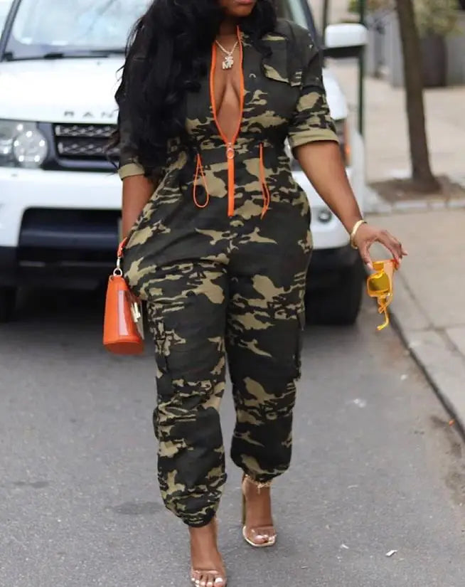 Fashion Jumpsuits for Woman 2025 Summer Camouflage Print Zipper Pocket Design Casual One Pieces Jumpsuit Streetwear Y2K Clothing