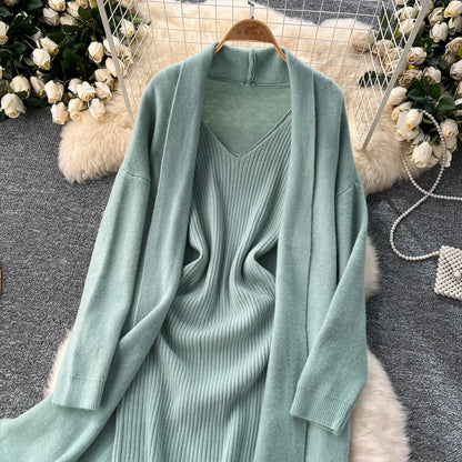 SINGREINY Autumn Knitted Two Pieces Sets Ladies Loose Knitting Cardigan+Spaghetti Strap Bodycon Dress Basic Solid Winter Suits Badiee Stylez
