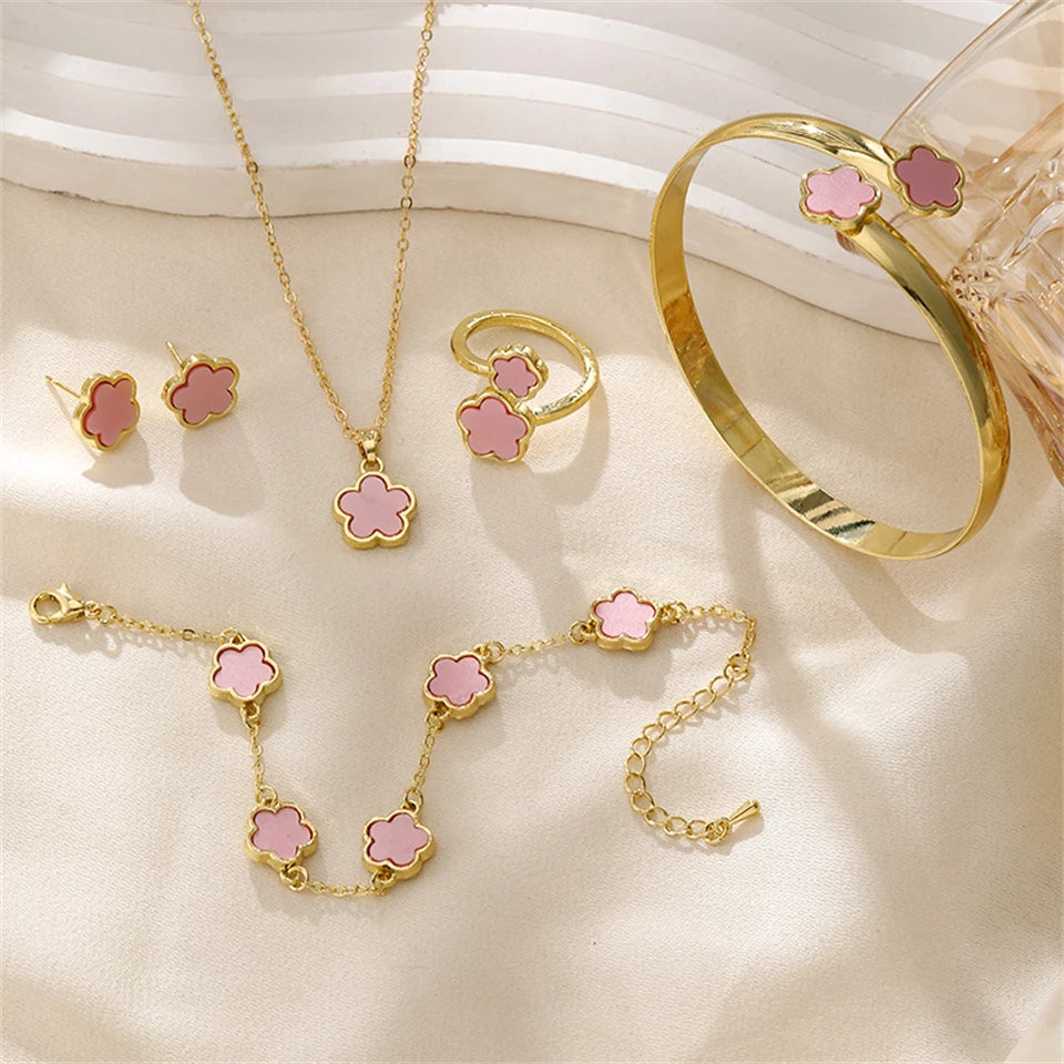 5pcs Lucky Five-petal Flower Women's Jewelry Set, Fashion Flower Bracelet + Necklace + Earrings + Bracelet + Ring Set, Birthday Badiee Stylez