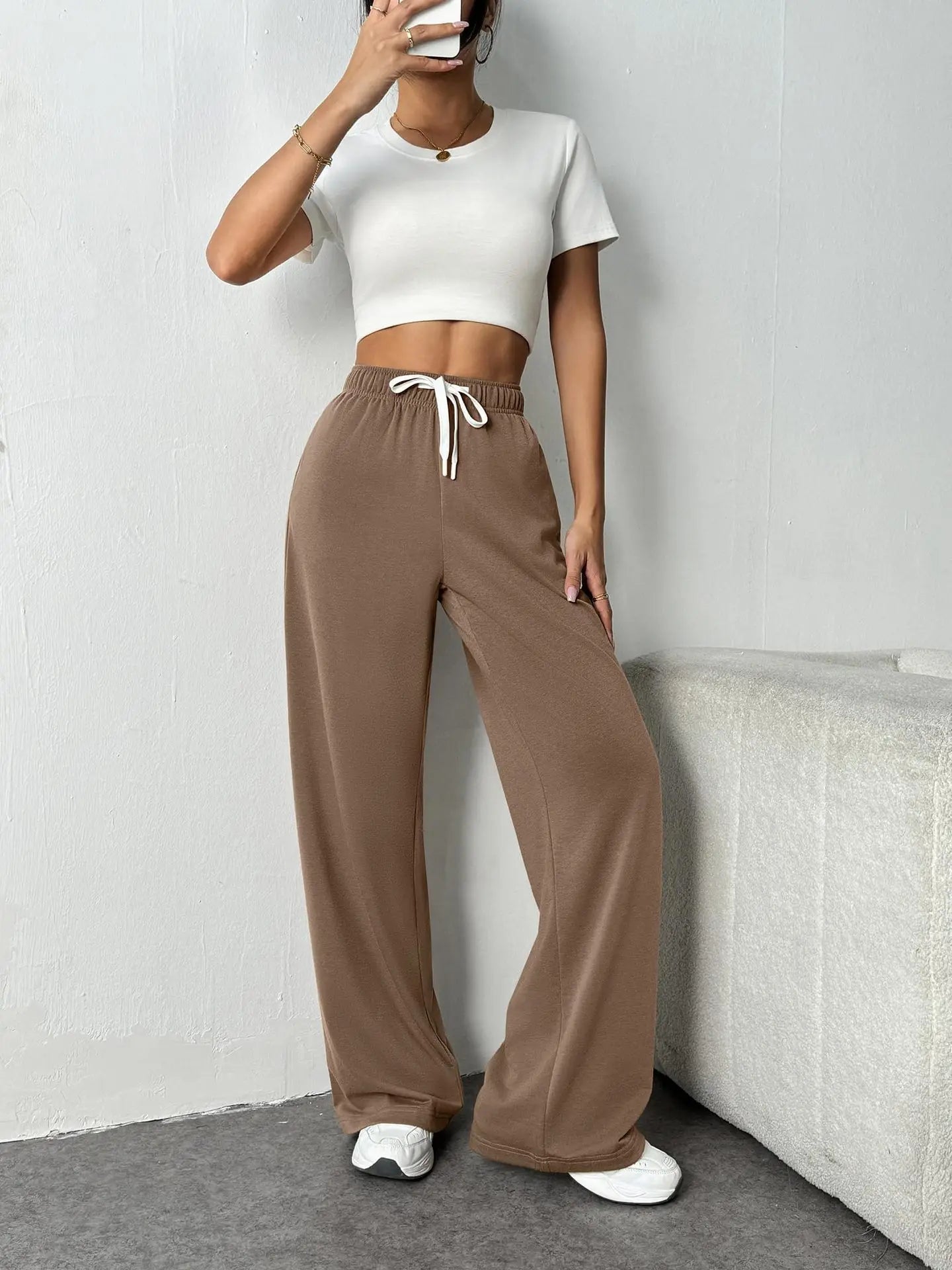 Casual Wide Leg Sports Pants for Women Casual Straight Leg Loose Solid Color Elastic Drawstring High Waisted Wide Leg Pants