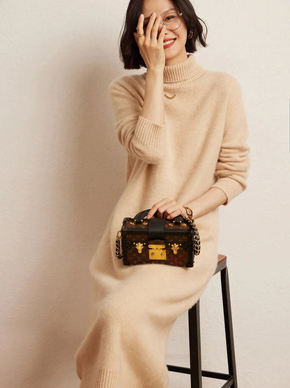 100% Cashmere Sweater Long Dress New Women High Turn-down Collar Pullover  Soft Cosy Autumn Winter Casual Solid Knitwear Dress Badiee Stylez