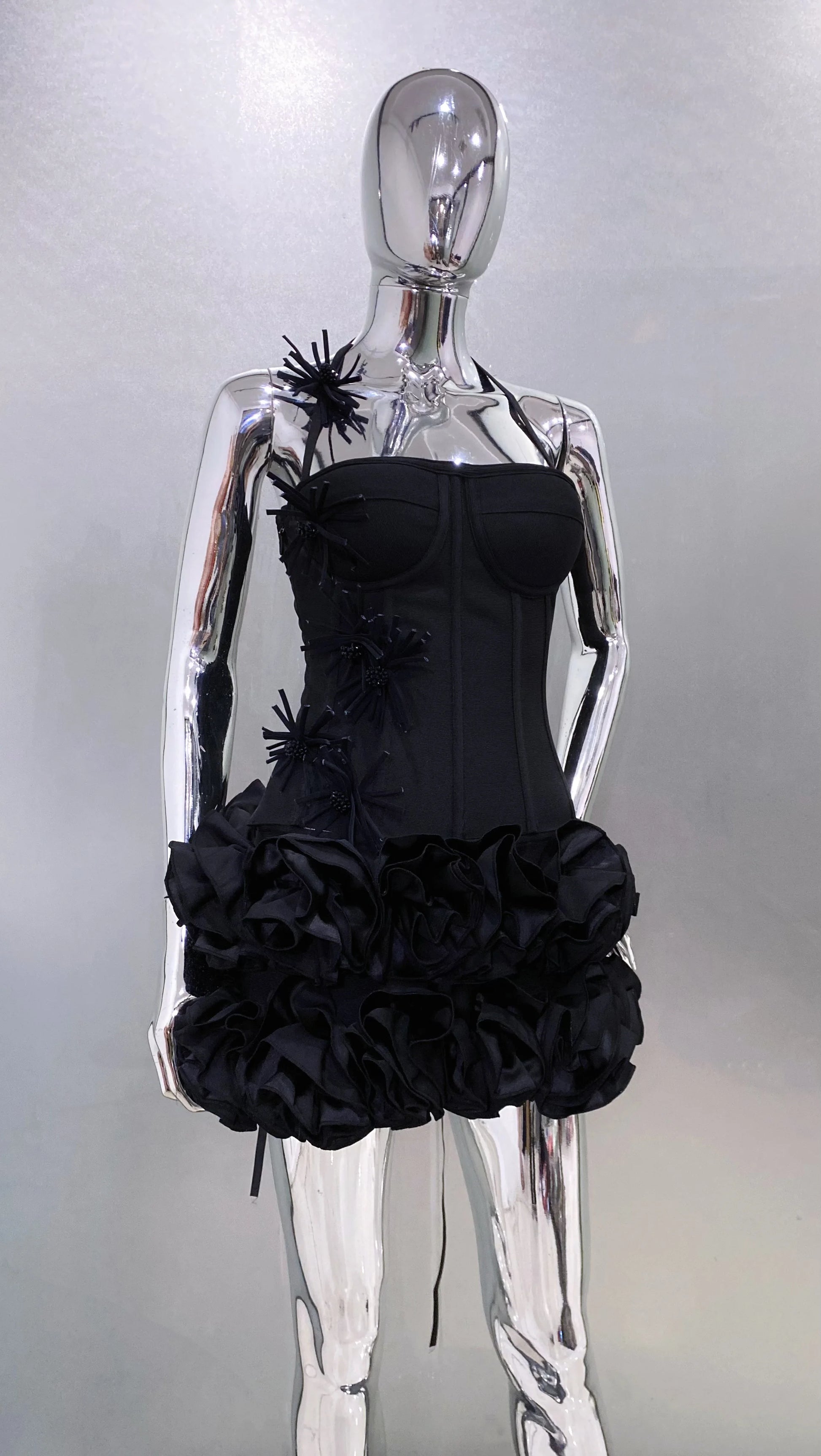 Black Red Women Sexy Strapless Laced-up Tops 2 Pieces Florals Bodycon Mini Bandage Dress Celebrate Nightclub Party Stage Wear