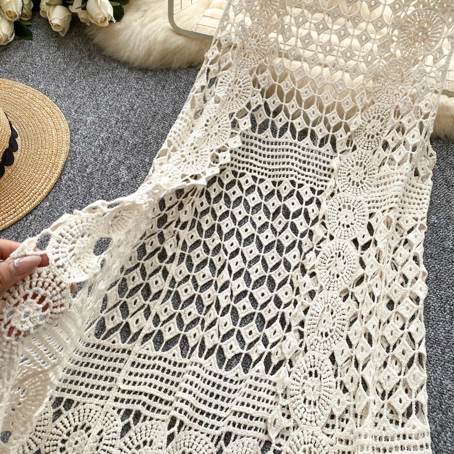 Women bohemian Sweet Knit cut out Hook flower hollow Cardigan Vintage Elegant Korean Fashion split Loose Coat Ins