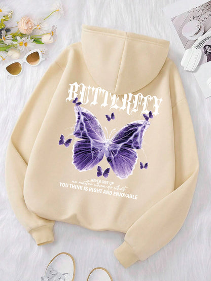 Beautiful Purple Butterfly Printing Hoodies Women Fleece Pocket Hoody Simple Casual Hoodie Autumn Loose Female Streetwear Beige 1