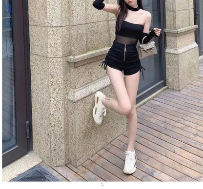 High Waist Shirring Black Bodycon Shorts Female Summer All-match Pleated Elasticity Elastic Waist Straight Women Slim Trousers