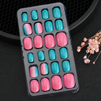 24Pcs Children Cartoon Nail Tips Colorful Cute Rabbit Pink Stars 6-14 Years old Girl Fake Nail With Jelly Glue Kids False Nail TD060-20