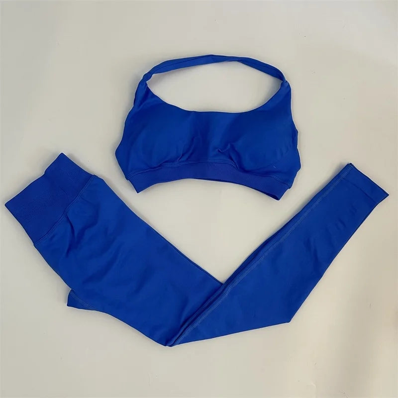 No Logo Yoga Legging Sets for Women Seamless Yoga Set Scrunch Butt Legging Set Workout Gym Suit with Halter Crop Top Badiee Stylez