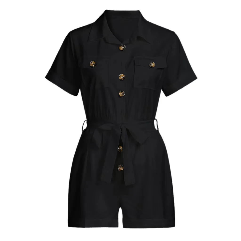 Summer New Solid Short Style Jumpsuit For Women Fashion Lapel Single Breasted Lace Up Jumpsuits Elegant Office Lady Commuting