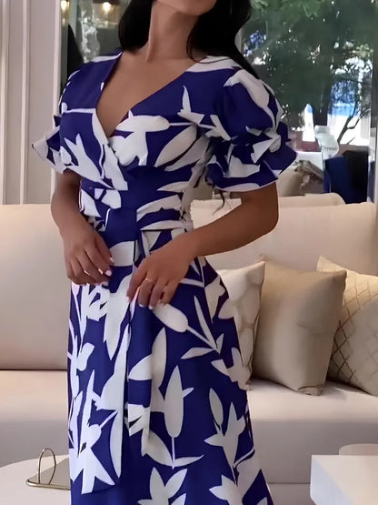 Wefads Women's Maxi Dress Fashion V-Neck Lantern Sleeve Sexy Print Party Elegant Long Evening Gown