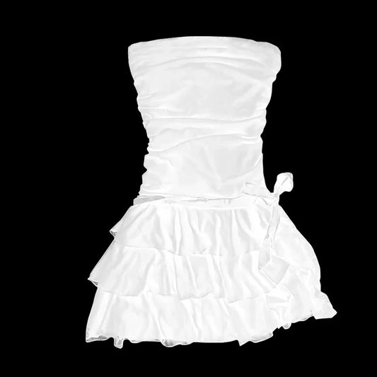 Y2K Women's dress cute solid color retro lace streetwear Harajuku aesthetic sweet bow summer new fashion casual Strapless dressr Beige