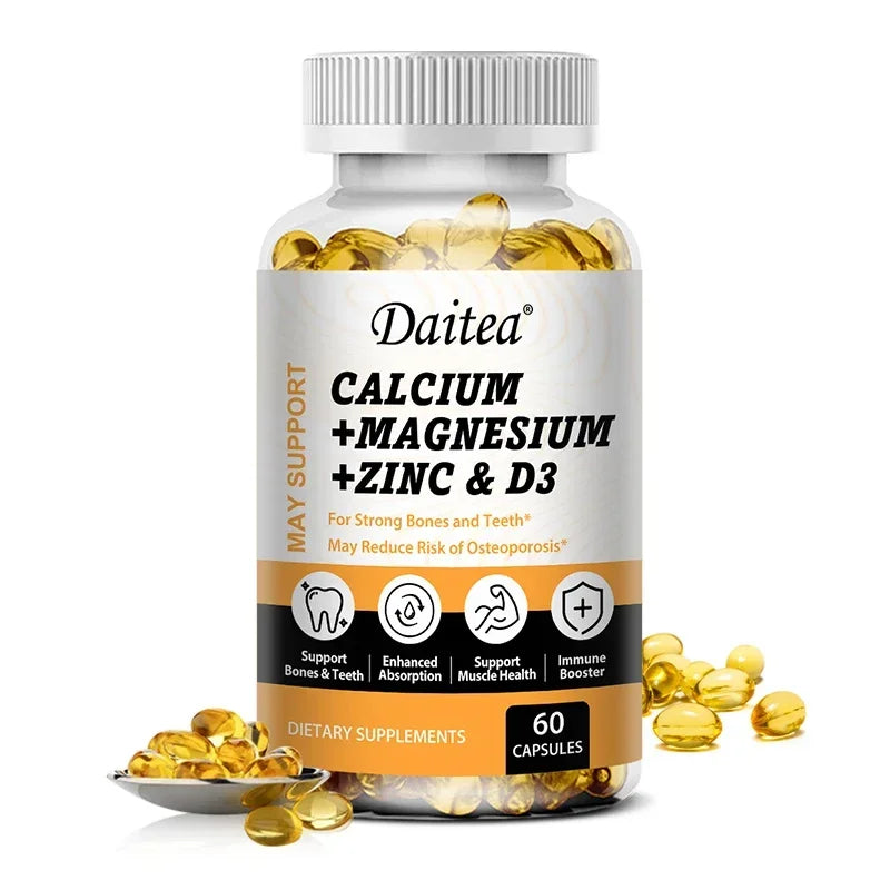 Daitea Calcium Magnesium Zinc Capsules Vitamin D3 helps support bones, teeth, heart, and enhance immune system function. 60 count-1bottle