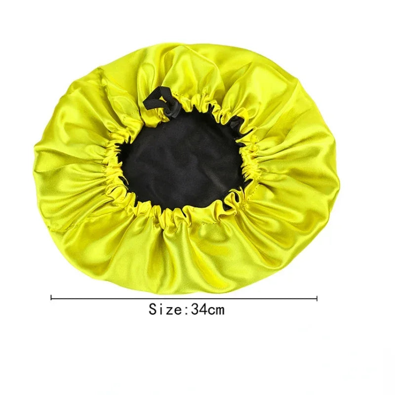 Adjustable Double Layer Satin Bonnet Nightcap Doubleside Women Round Shower Caps Night Sleep Polyester Hat Solid Black Lining Badiee Stylez