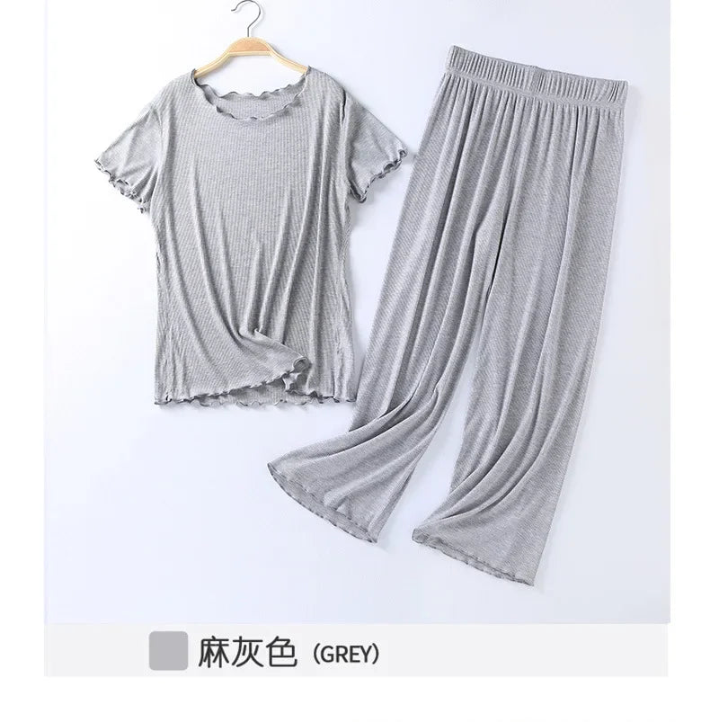 Japanese summer new ladies cotton modal short-sleeved nine-point pants suit home service suit women's large size home pajamas grey