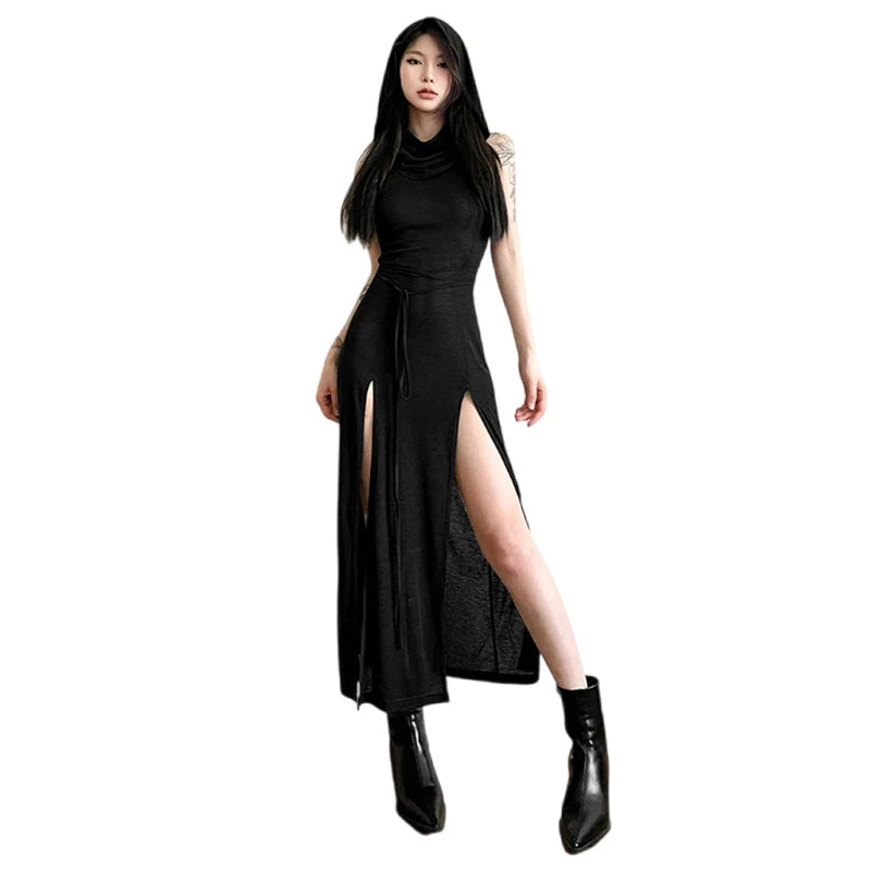 Xingqing Grunge Dress y2k Women Clothes Solid Color Sleeveless Hollow Out Back Slit Hooded Dress 2000s Halloween Party Dresses