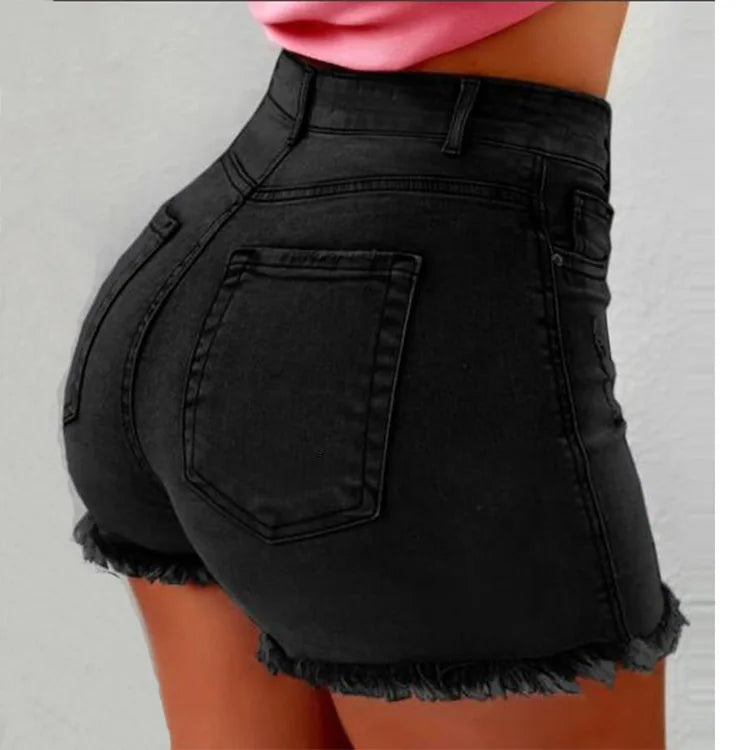 Denim Shorts Women Vintage Jeans Tassel Washed Distressed Skinny Mid Waist Pockets Streetwear Female 2025 Straight Short Pants