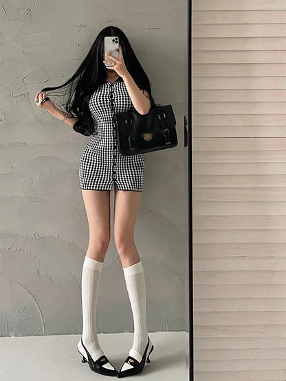 American Style Diamond Checkered Lapel Single Breasted Slim Short Sleeved Dress Elegant Tight Thin Dress T Shirt Mini Dress X0P7 Badiee Stylez