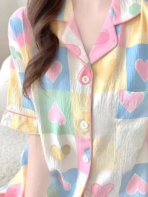 Cute Girl's Summer Cotton Linen ort Sve Nightgown Home Clothes Set Bear Print Gauze Spwear Simple Home Sle