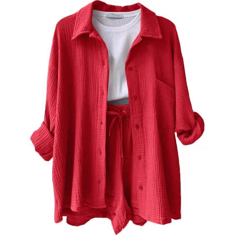 Short Sets Women Tracksuit Single Breasted Cardigan Blouses Two Pieces Shorts Loose Button High Street Solid Pockets Folds Red