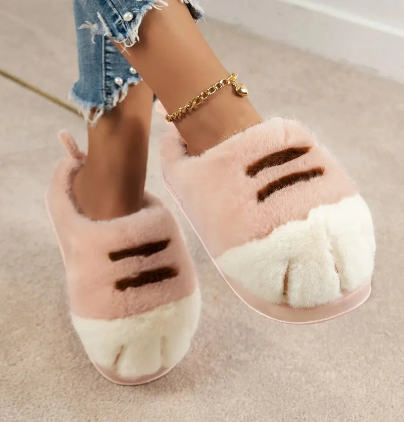 New Adorable Kitty Claw Slippers Women's Home Shoes Non Slip Furry Mules Female Fashion Warm Fluffy Slides Outdoor Cat Slippers Badiee Stylez